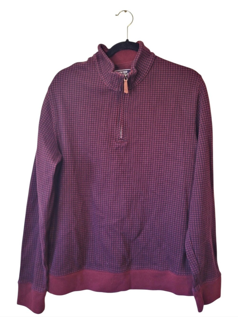 Land's Men's Houndstooth Burgundy Quarter-Zip Sweater - Classic Pullover Size LT